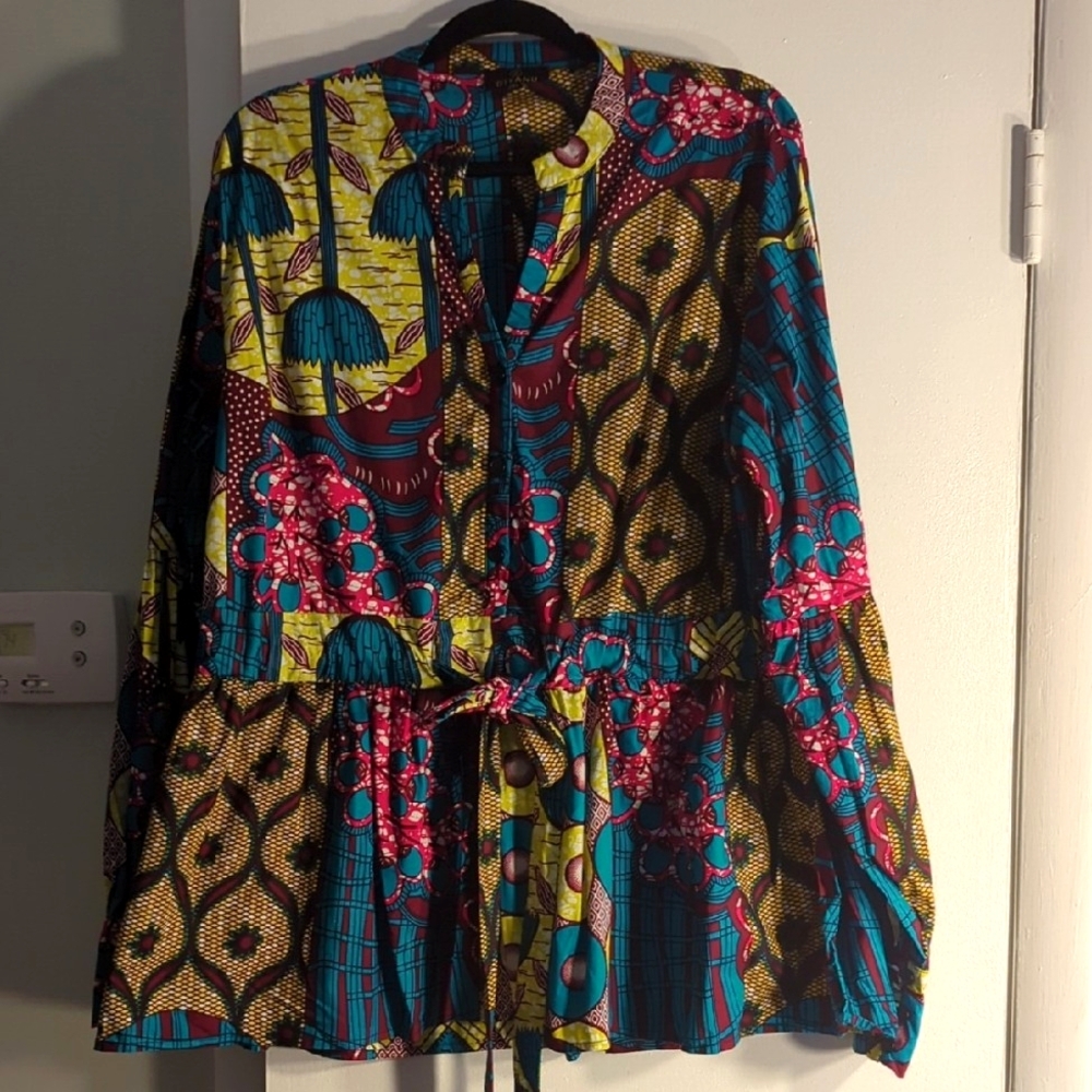 Chiamaka Long Sleeve Peplum Blouse with Sash (Teal Pink Multipattern)